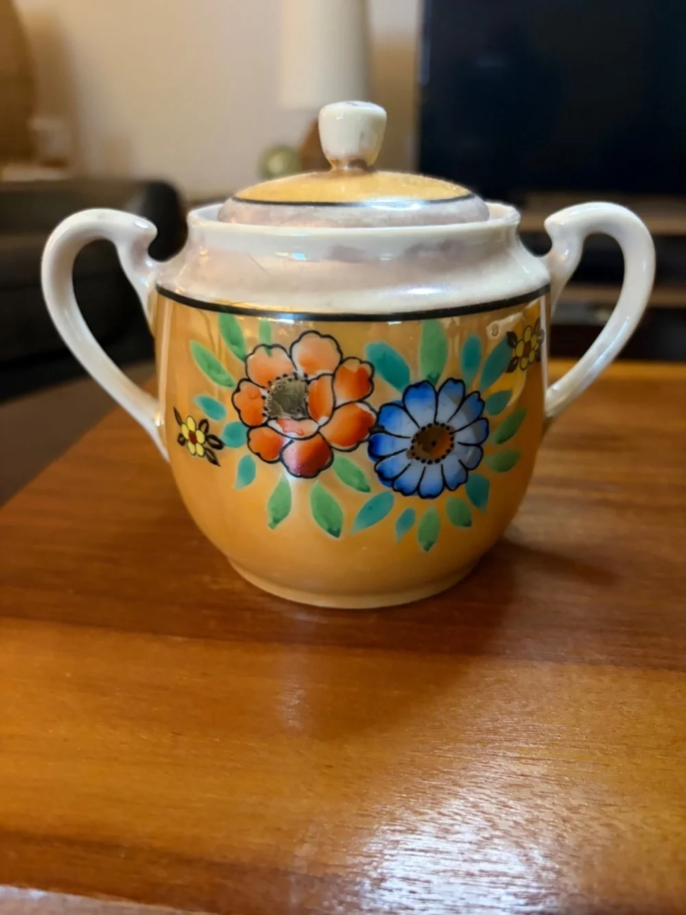 Vintage (1921-41) Japanese Lusterware Porcelain Sugar Bowl with 2 Cups & Saucers